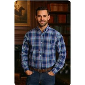 Ralph Lauren Shirt Plaid Blue White Preppy Flesh Pony Mens L Classic Fit Casual